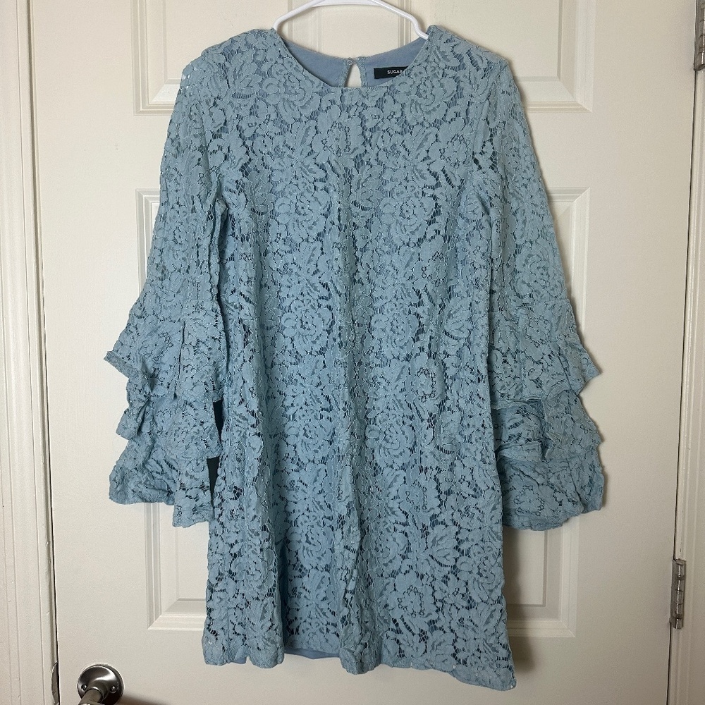 ! Sugar + Lips Blue Lace Long Sleeve Mini Dress Women Size‎ XS